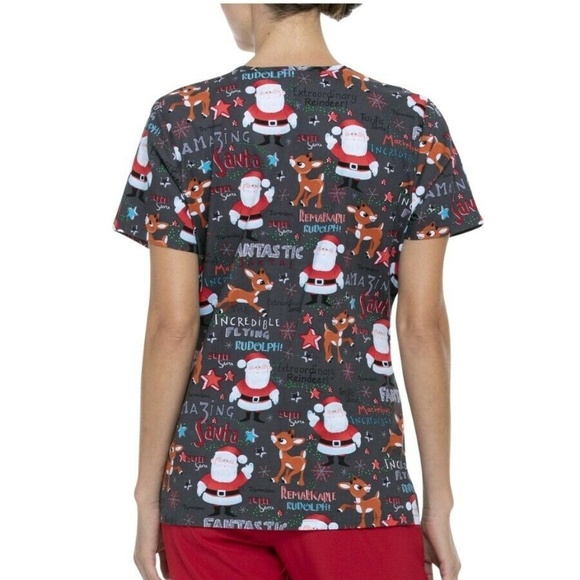Rudolph The Red Nosed Reindeer Christmas Scrub Top Size XL Gray Red Medical - Picture 2 of 4